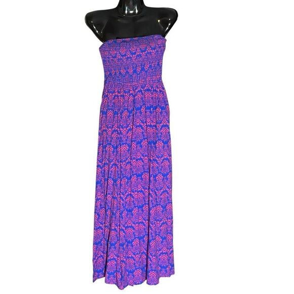 Cupshe Boho Smocked Bodice Maxi Tube Dress Red & Blue Print Sz S MMO Rayon & Vis - Picture 1 of 7